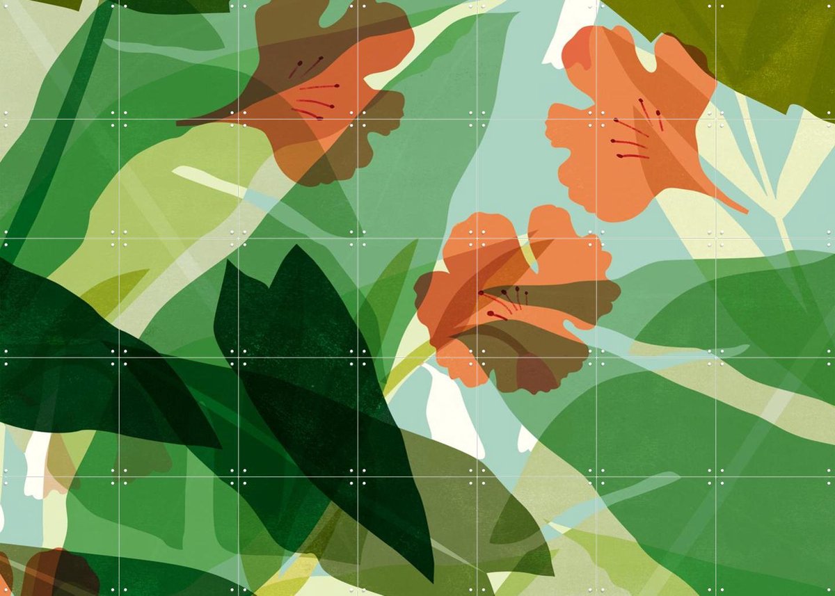 IXXI Leaves Green Orange, Lotte Dirks - 140 x 100 cm - Gratis ophangtool - Grote wanddecoratie en posters - Illustraties, Kleurrijk, Planten, Zomer