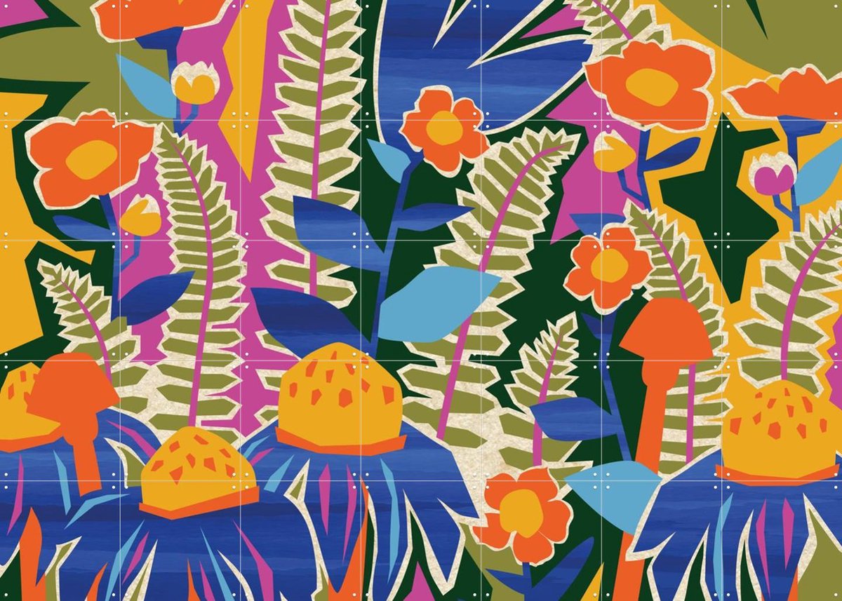 IXXI Ferns And Wildflowers, Megan Gallagher - 140 x 100 cm - Gratis ophangtool - Grote wanddecoratie en posters - Speels, Kleurrijk, Illustraties