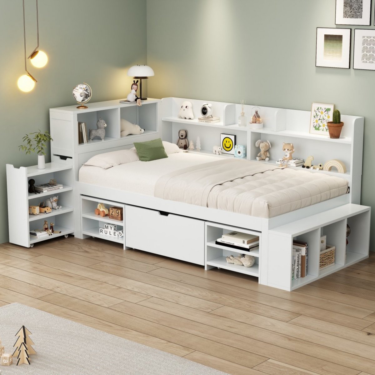 MODFU Kinderbed 90x200 cm van plywood – wit – met opberglades en boekenrek – multifunctioneel ontwerp