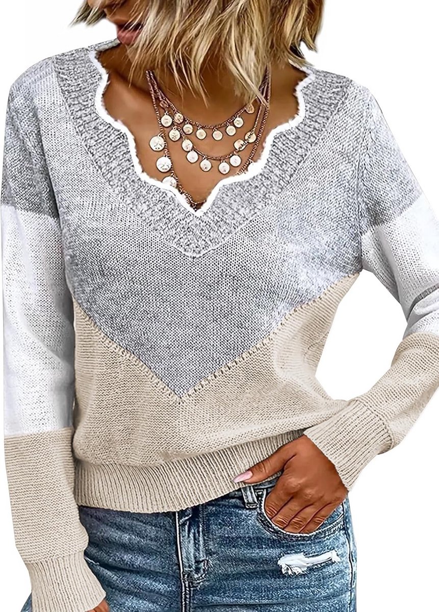 Dames Trui Gebreid V-hals Patroon Comfortabele Losse Pasvorm