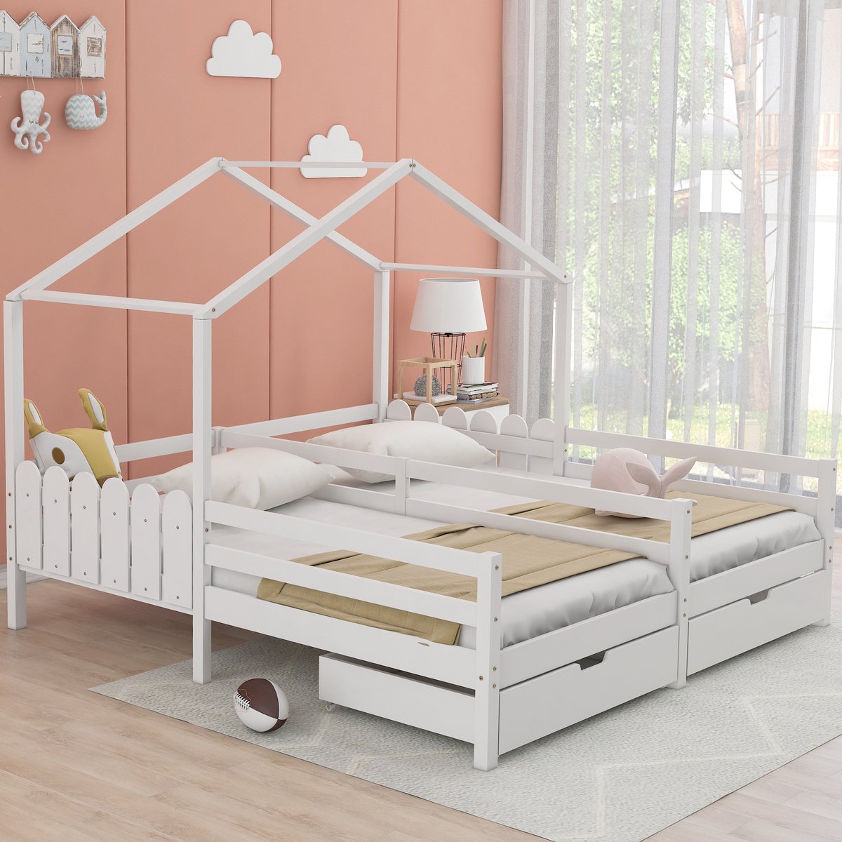 FloraGrace Huisbed 200x90cm – Gedeeld Tweepersoons Kinderbed Met Dakframe – Met 2 Lades Op Wieltjes – Met Lattenbodem – Zonder matras – Hout – Wit