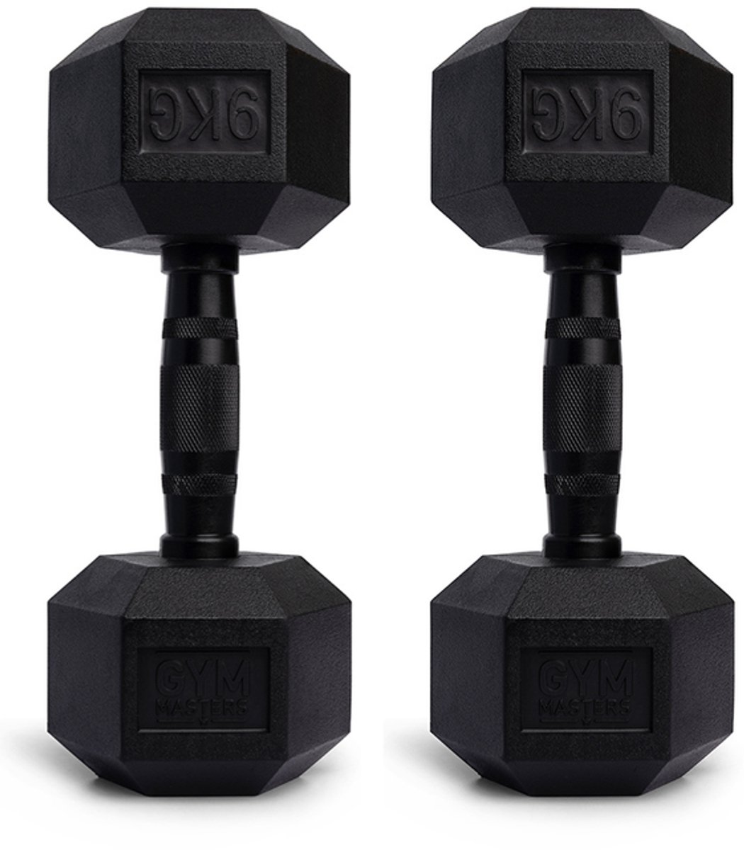 Gym Masters hexa Dumbbells 9 kg Set (2 stuks) – Hexagon Dumbbells – Rubber Fitness Gewichten – Zwart