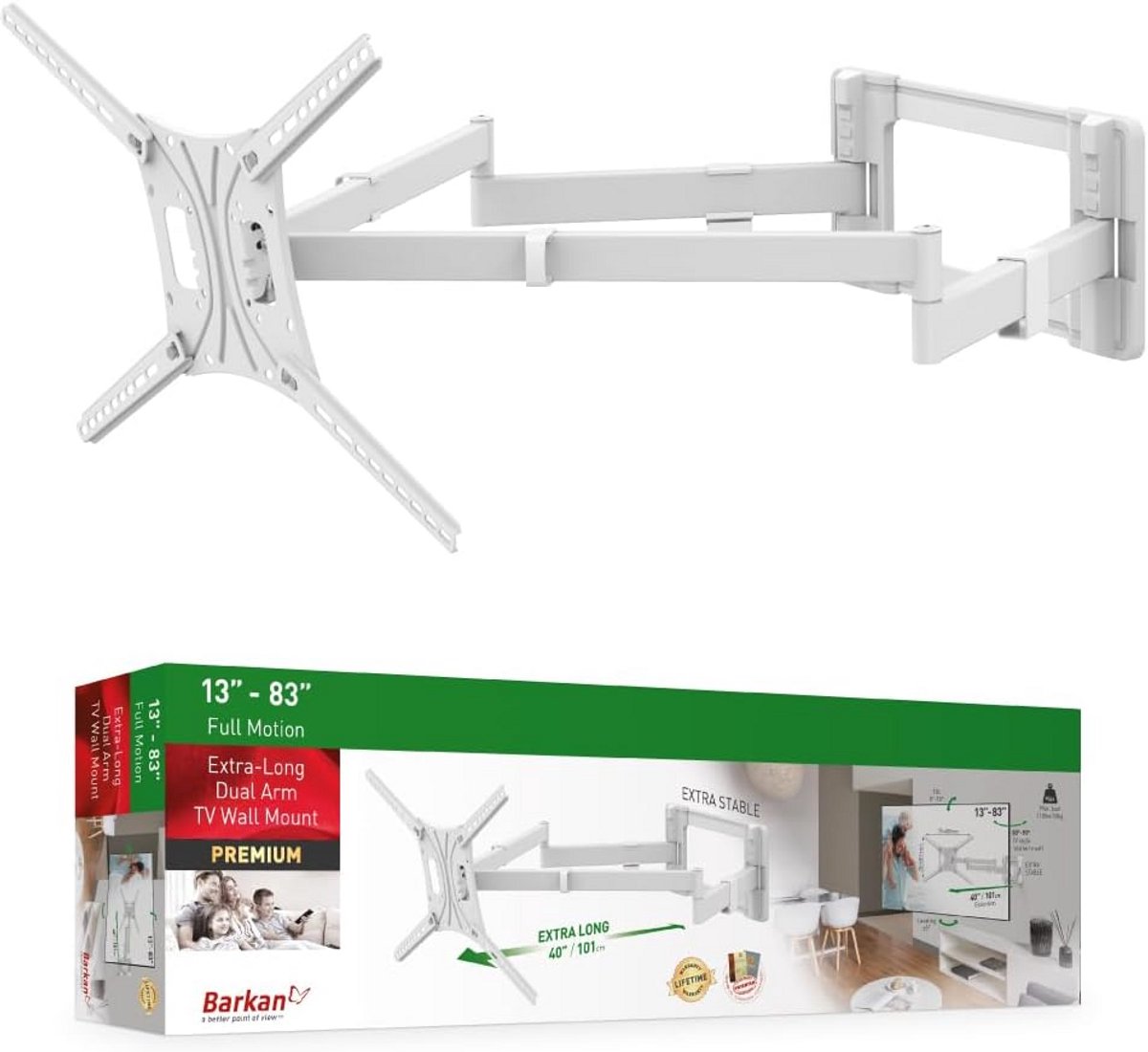 Verstelbare Witte TV Muurbeugel met Dubbele Arm voor 13-80 inch Schermen - Volledige Beweging