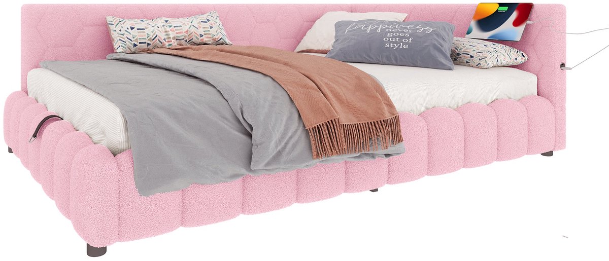 Merax Slaapbank 140x200 cm - Gestoffeerd Bed - Bed met Opbergruimte - Hydraulisch Hefmechanisme - LED Verlichting met Afstandsbediening - USB en Type-C Aansluiting - Houten Lattenbodem - Fluweel - Roze - Zonder Matras