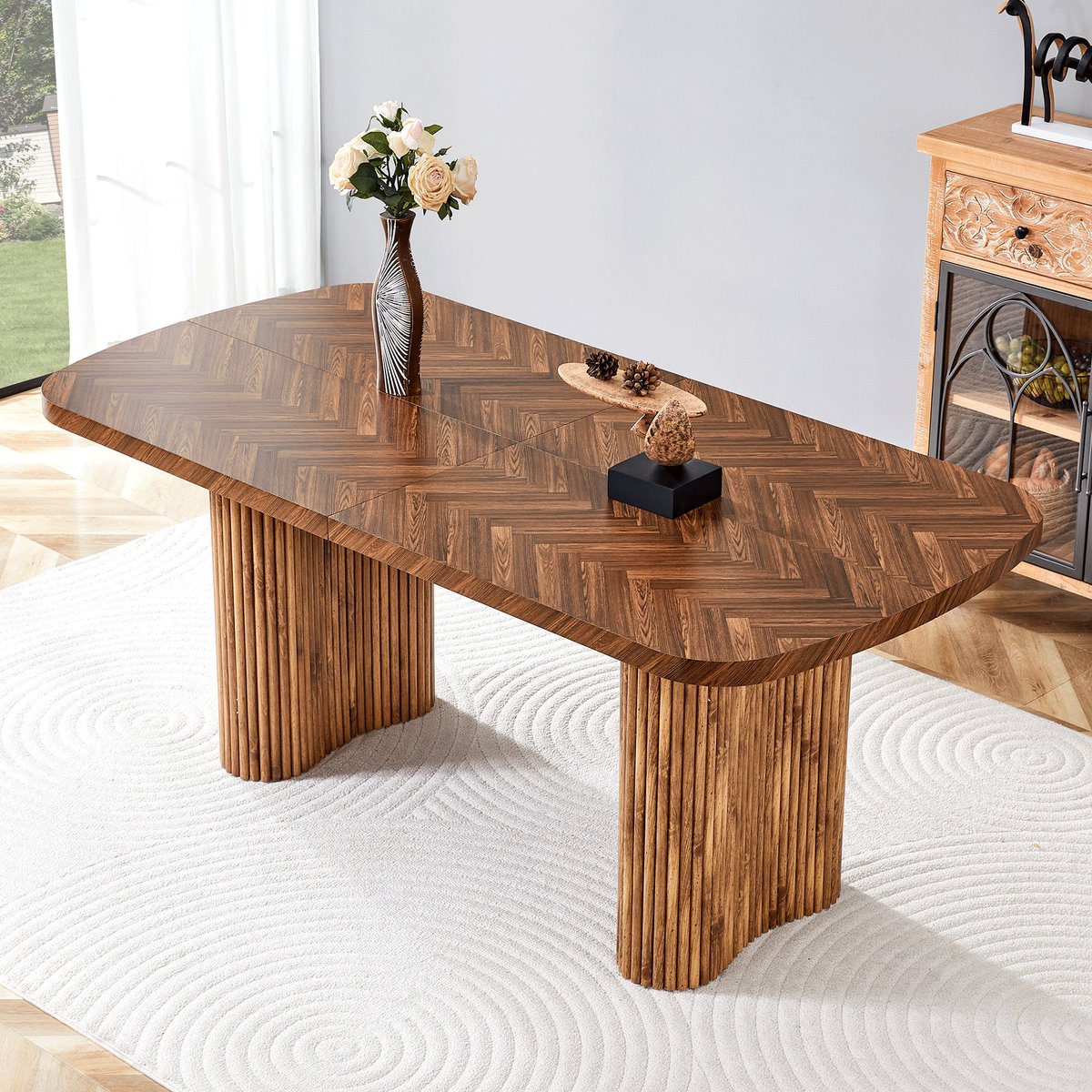 HAUSS SPOLE Eettafel - Boogvormige Zuilsteunen En Dikke Tafelblad - Voor Eetkamer En Ontvangstruimte - MDF - Notenhoutkleur - 180x90 Cm