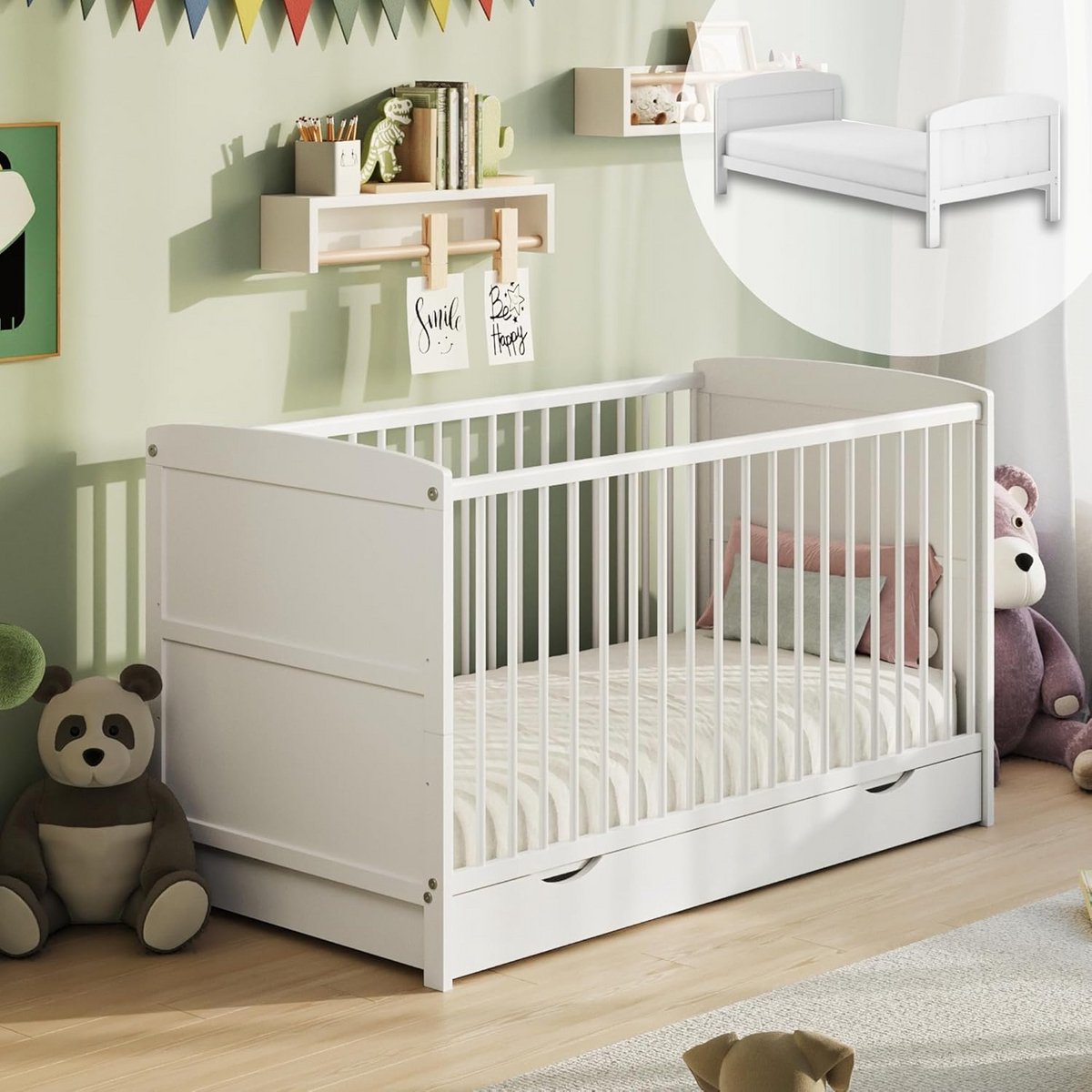Babybed 70 x 140 cm met lade | Hoogte verstelbaar en uitneembare sporten | Kinderbed geschikt van geboorte tot 6 jaar