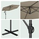Collage van een taupe parasol: bovenaanzicht, onderstel, mechanisme en detail van de stof.