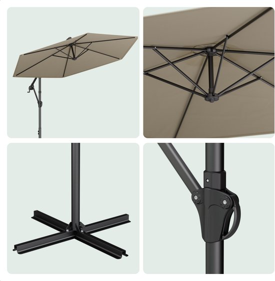 Collage van een taupe parasol: bovenaanzicht, onderstel, mechanisme en detail van de stof.