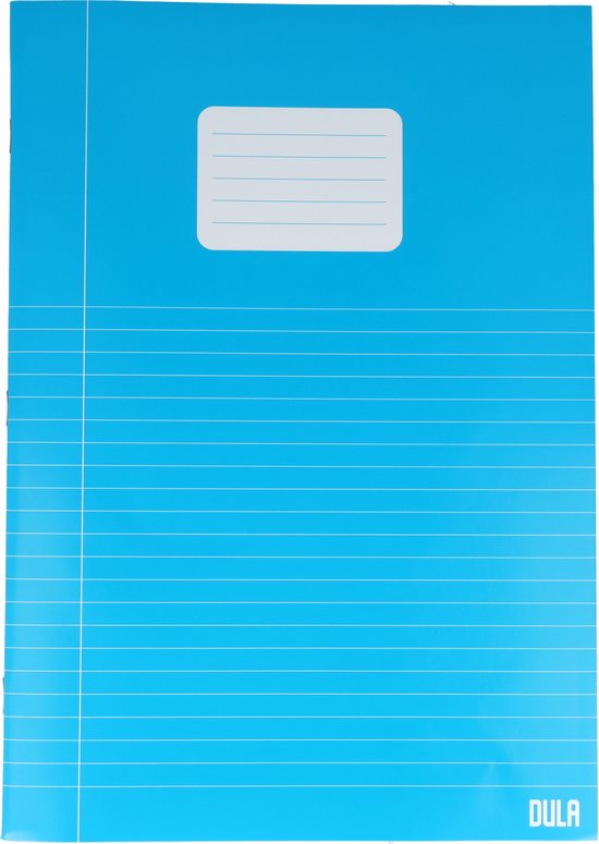 Blauw DULA schrift met lijntjes en een label voor de titel.