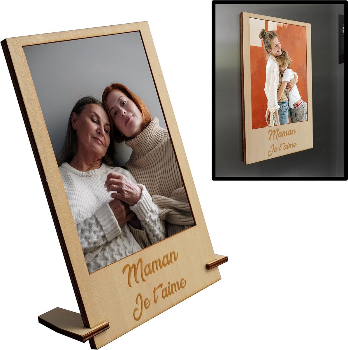 Gepersonaliseerde fotolijst van magnetisch hout voor koelkast of met standaard om aan je m
