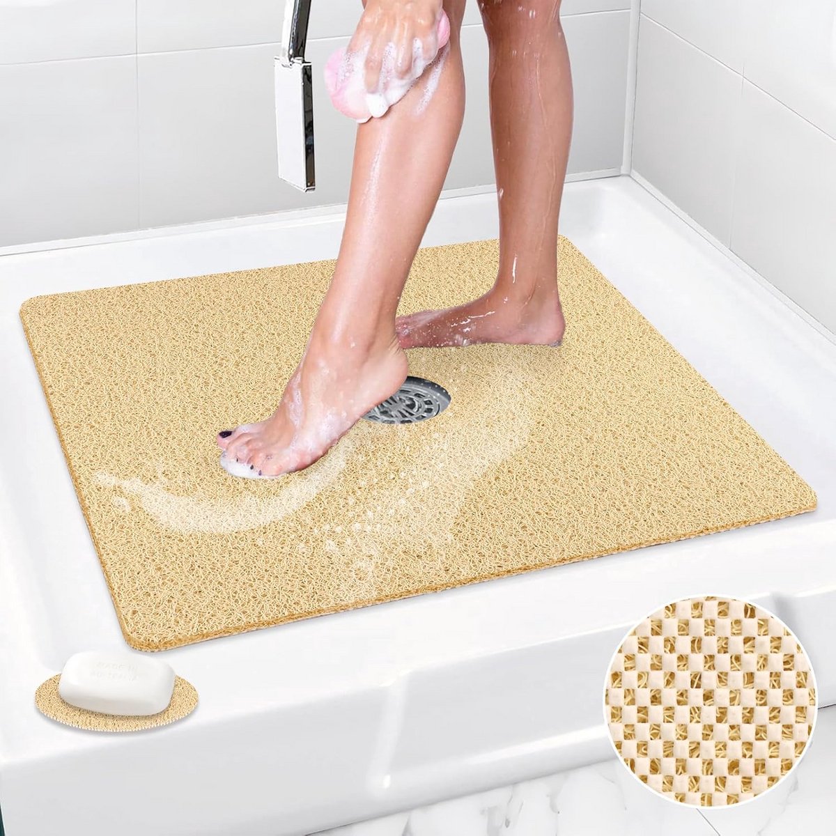 Vierkante douchemat antislip: 24" x 24" douchematten voor inloopdouche - PVC loofah douche
