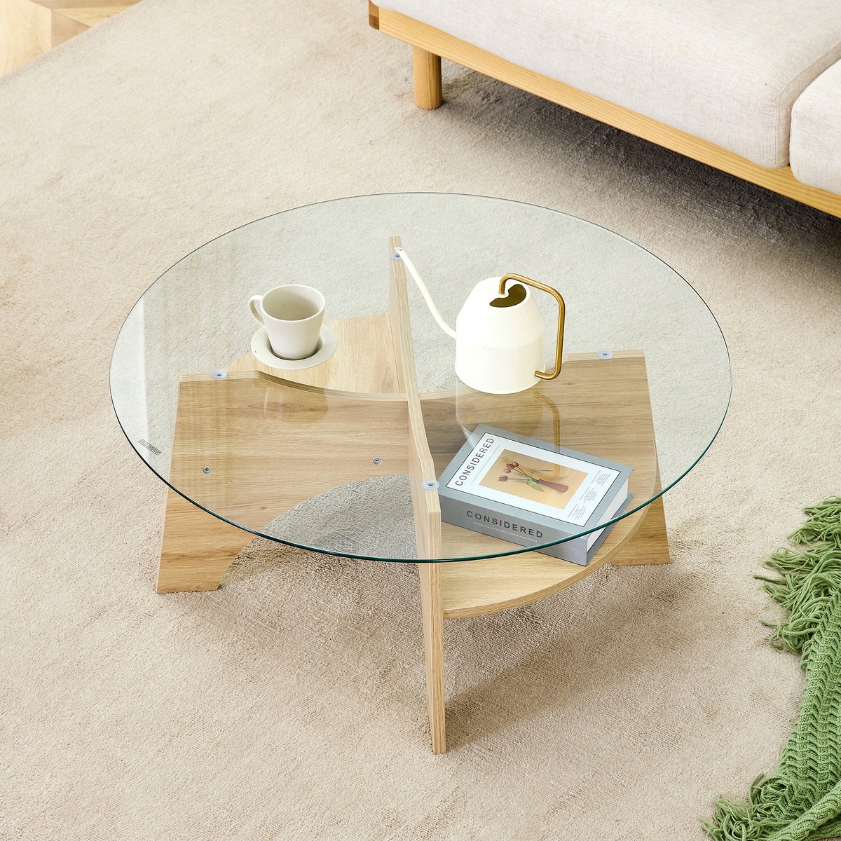 OKWISH Salontafel Rond - Transparant Veiligheidsglas - Voor Woonkamer Balkon Of Slaapkamerhoek - MDF Houtlook Naturel - Ø 80 Cm