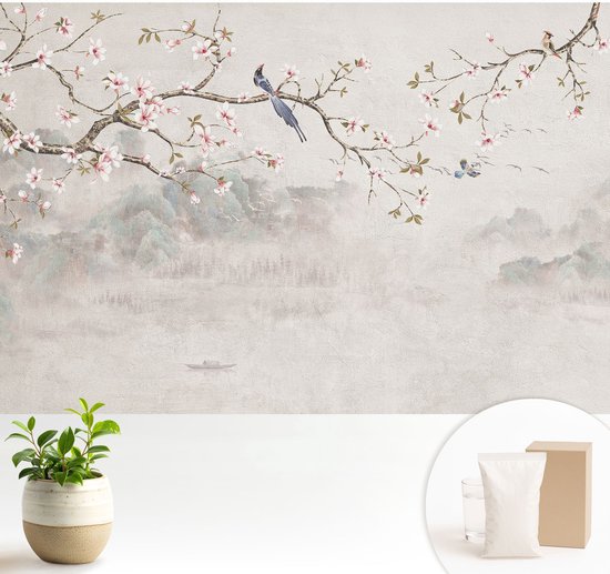 Wallfluent Behang - Oosters landschap Muurbehang - 104x70 cm - Beige Behang - Voor liefhebbers van moderne abstracte kunst - Behang Voor de woonkamer, slaapkamer en kantoor - Wanddecoratie Bloemen en planten