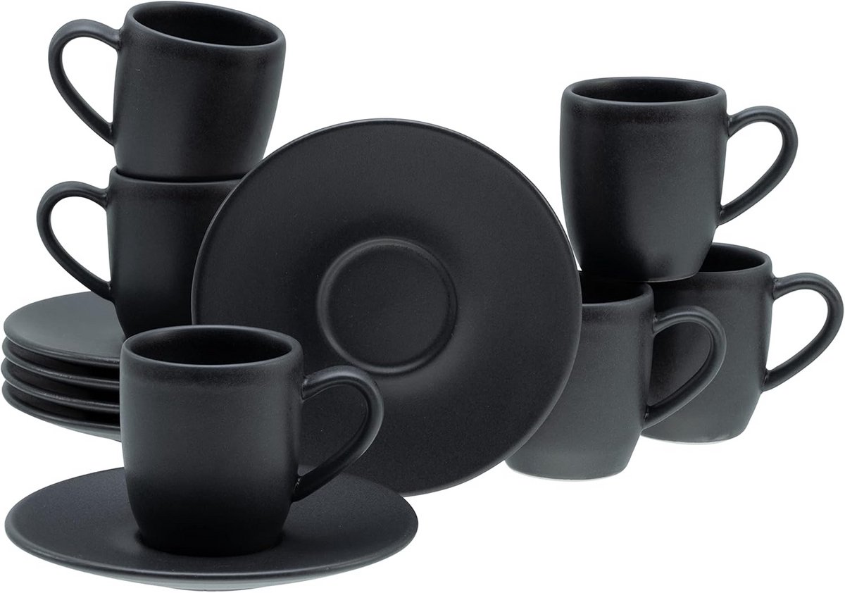 Set van 12 Zwarte Espresso Kopjes en Schotels - Steengoed