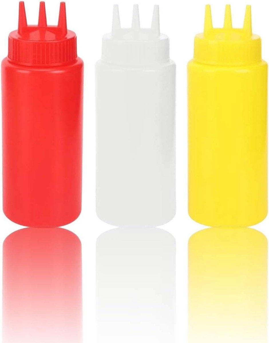 Set van 3 doseerflessen voor sauzen en olie, 16 oz capaciteit met knijpfunctie.