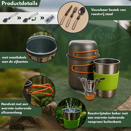 Coemo 7-delige outdoor kookset, oranje, campingfornuis, pannenset met rugzakfornuis, roestvrijstalen beker, mes, vork en lepel voor backpacken, kamperen, wandelen en picknicken — afbeelding 2