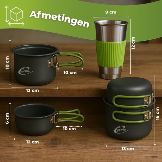 Coemo 7-delige outdoor kookset, groen, campingfornuis, pannenset met rugzakfornuis, roestvrijstalen beker, mes, vork en lepel voor backpacken, kamperen, wandelen en picknicken. — afbeelding 5