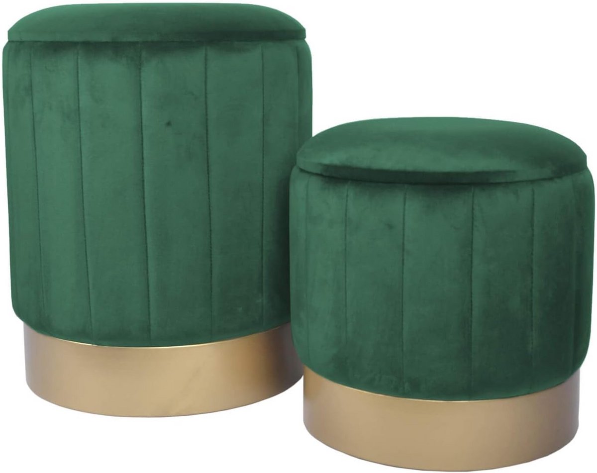 Set van 2 Groene Fluweel Poefs met Opbergruimte voor Woonkamer en Slaapkamer