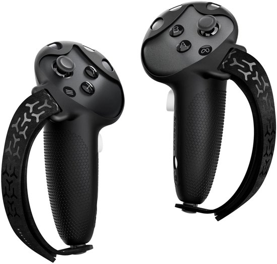 Twee zwarte VR-controllers met een anti-slip patroon op de polsband.