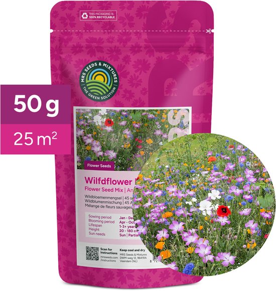 Zakje bloemzaden "Wildflower Flower Seed Mix" van 50 gram, goed voor 25 m². Toont een weide vol met wilde bloemen, waaronder klaprozen en korenbloemen.
