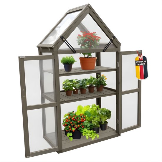 Coemo Jan houten kas – Stijlvol design, 73 x 41 x 132 cm, scharnierende deuren en dak, winterbestendige kas – Weerbestendige plantenkas voor kruiden, tomaten en zaailingen, grijs