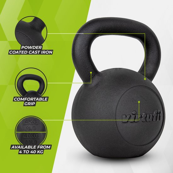 Zwarte gietijzeren kettlebell met comfortabele, brede grip. Tekst: 4KG 9LB, 40KG, 88LB. Verkrijgbaar van 4 tot 40 kg.