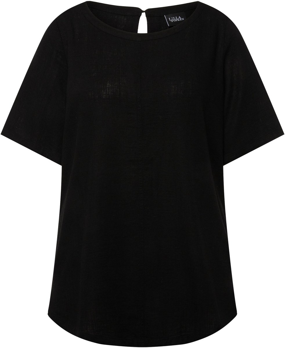 Ulla Popken - Dames - Blouse linnenmix A-lijn ronde hals korte mouwen - Zwart - Maat 54+