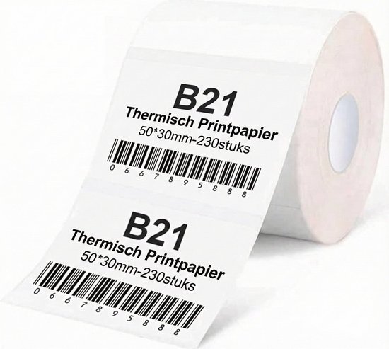 Een rol met witte thermische etiketten met de tekst "B21 Thermisch Printpapier 50*30mm-230stuks" en barcodes.
