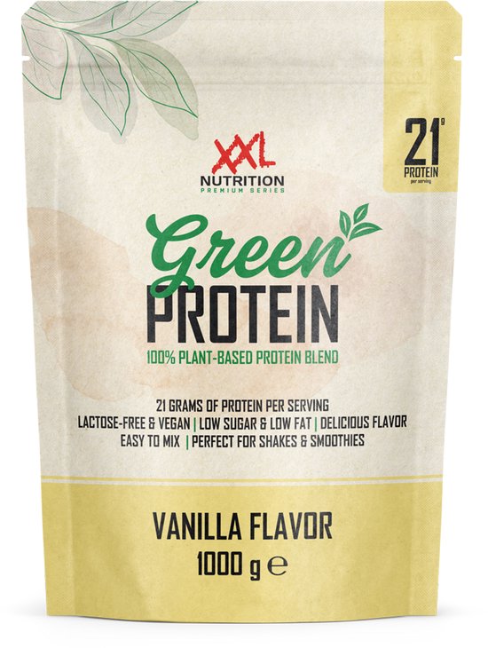 XXL Nutrition Green Protein vanille smaak 1000g verpakking met groene bladeren en '21 gram protein' tekst.