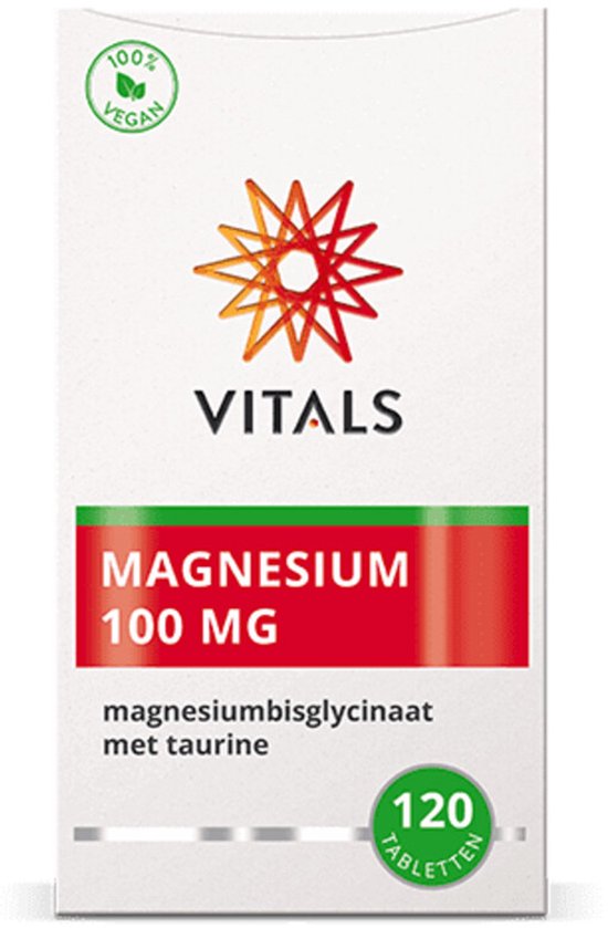 Doosje Vitals Magnesium 100 MG magnesiumbisglycinaat met taurine, 120 tabletten. Met 100% vegan logo.