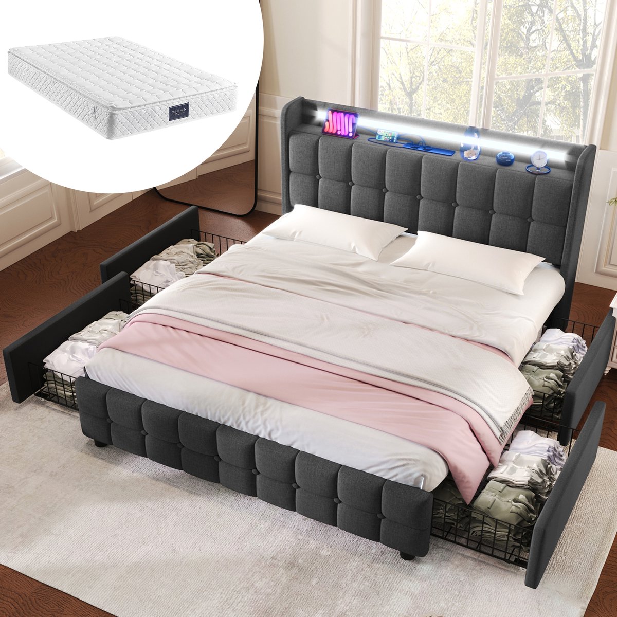 STILVORA Gestoffeerd Bed 140x200 cm – LED en Oplaadfunctie – 4 Laden – Met Matras – Tweepersoons – Grijs