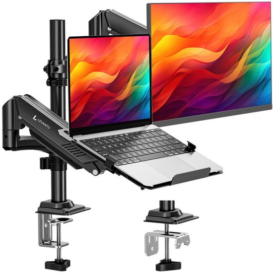 LEVANTU® Monitor arm voor laptop scherm – Monitorbeugel geschikt voor 2 schermen – Monitor Standaard – Laptop Standaard – Verstelbaar– Laptop Arm - Zwart