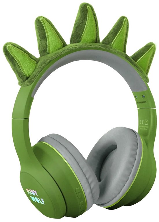 Casque KidyWolf vert avec des pointes de dinosaure sur l'arceau. Les oreillettes sont grises avec un bord vert.