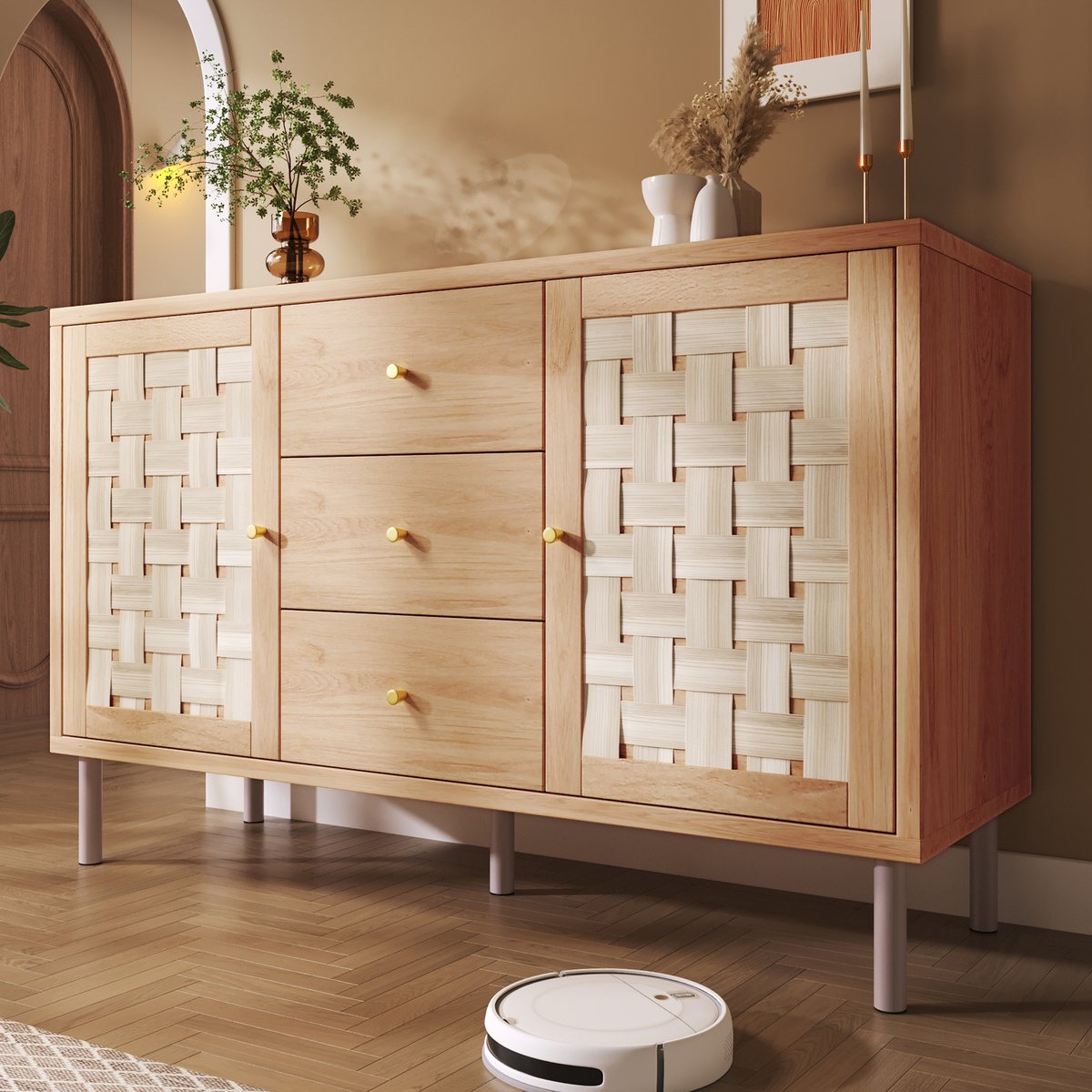 OKWISH Dressoir – Landelijke Opbergkast – 120x40x75 cm – 2 Deuren 3 Lades – Verstelbare Planken – Eikenkleur