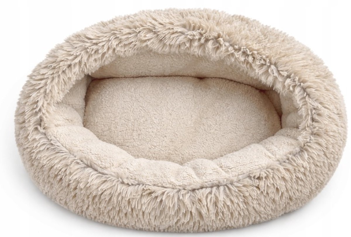 Honden- en kattenbed 80 cm, warm rond slaapzak met shaggy boucle stof, comfortabel mandje voor huisdieren, ideale bed voor katten en honden, beige