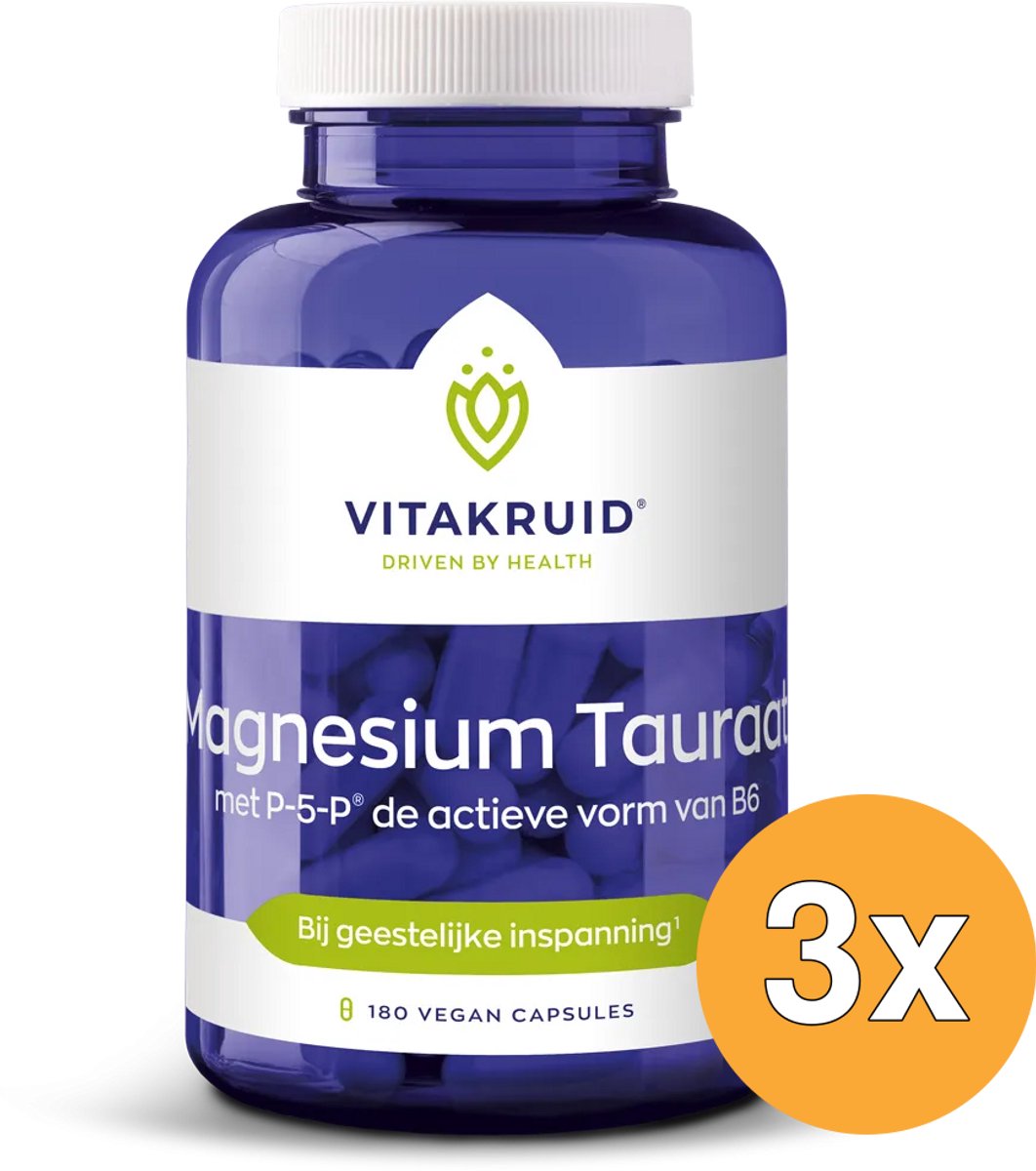 3x Vitakruid Magnesium Tauraat met Vitamine B6 (P-5-P) (180 vega capsules)