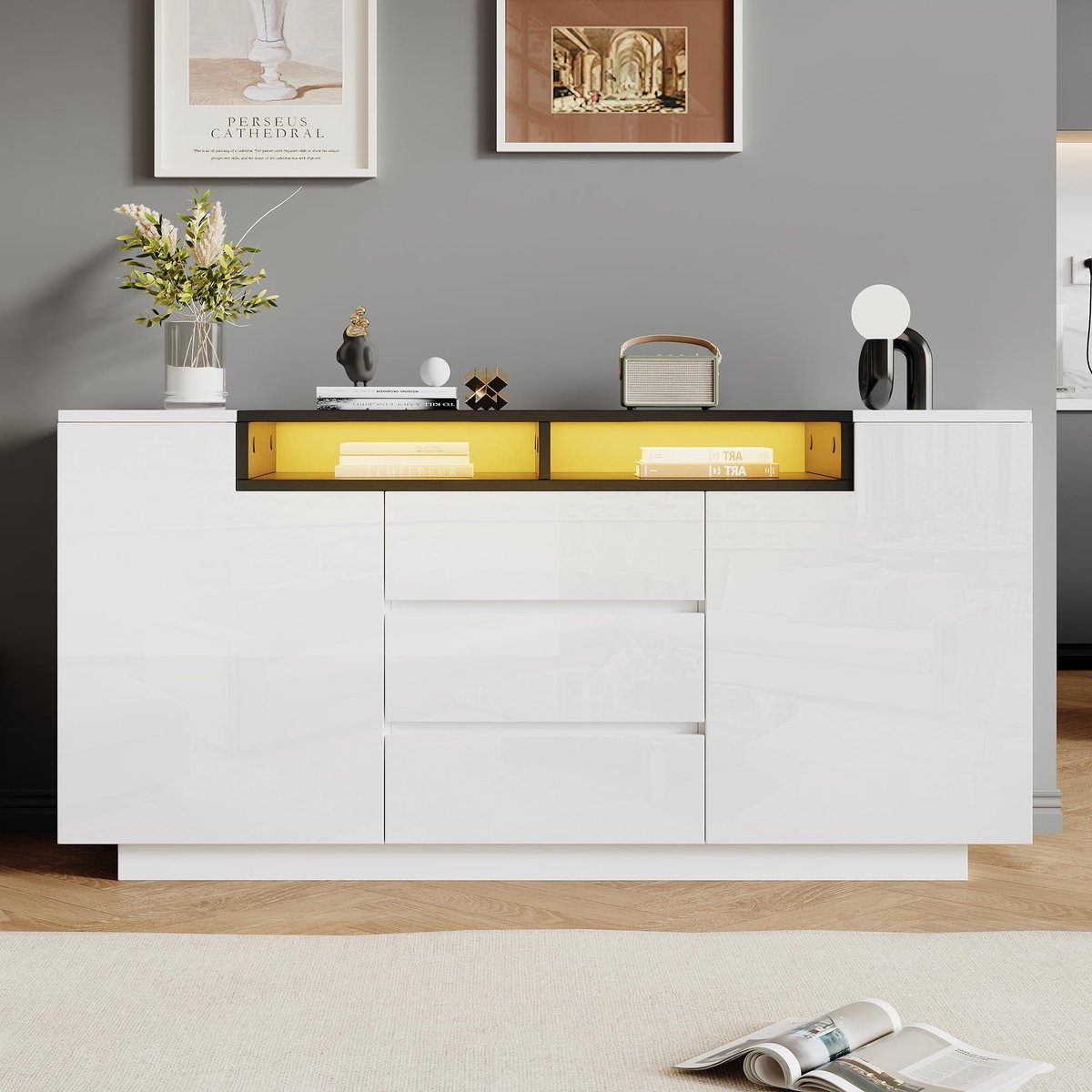 Sierra Dressoir, Dressoir voor woonkamer, 140 x 60 x 48 cm, met 2 L-vormige deuren, woonka