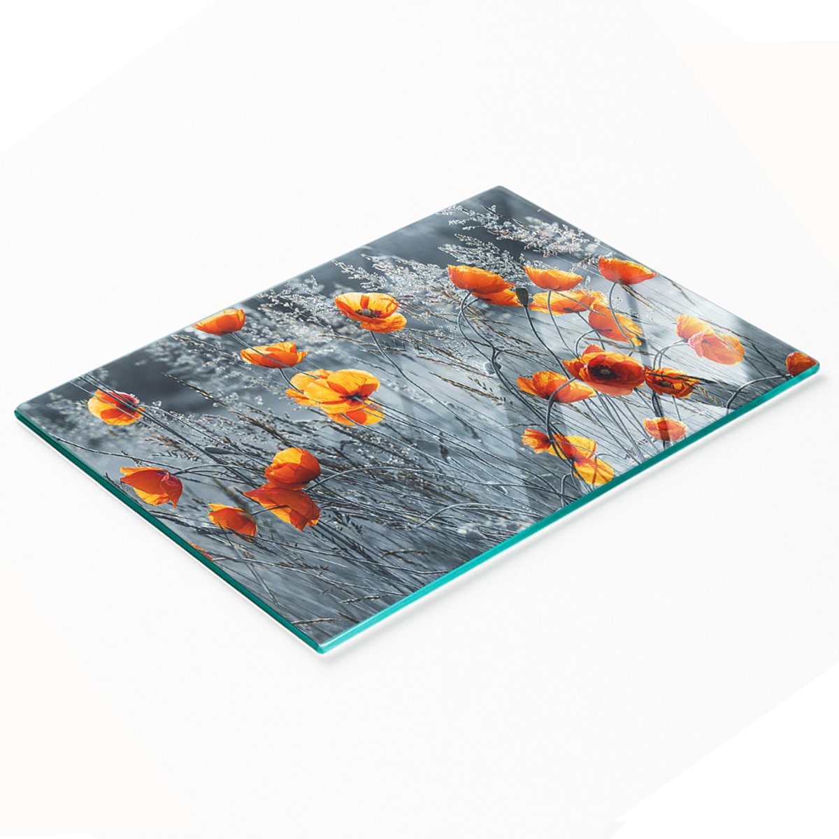 Multifunctionele decoratieve glazen keukenplank met klaprozenmotief, 80x52 cm