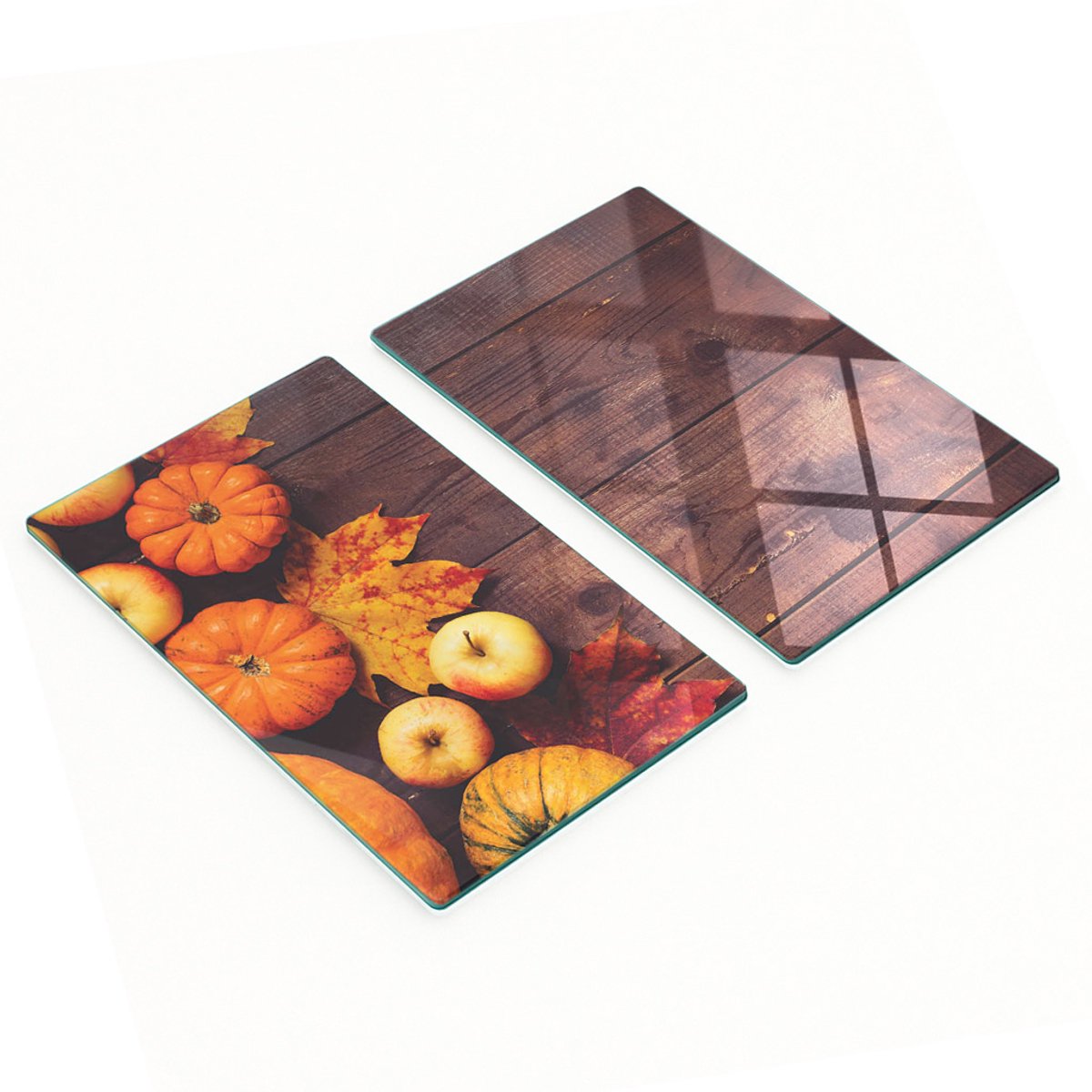 Decoratieve glazen snij- en serveerplanken met pompoen- en appelmotief, 2x30x52 cm