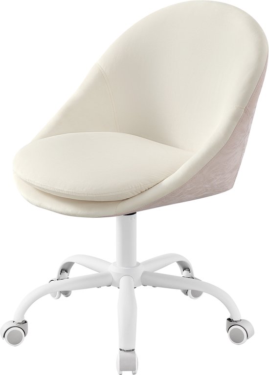 Chaise de bureau pivotante blanche en velours, réglable en hauteur, avec roulettes. Assise et dossier en forme de coquille.