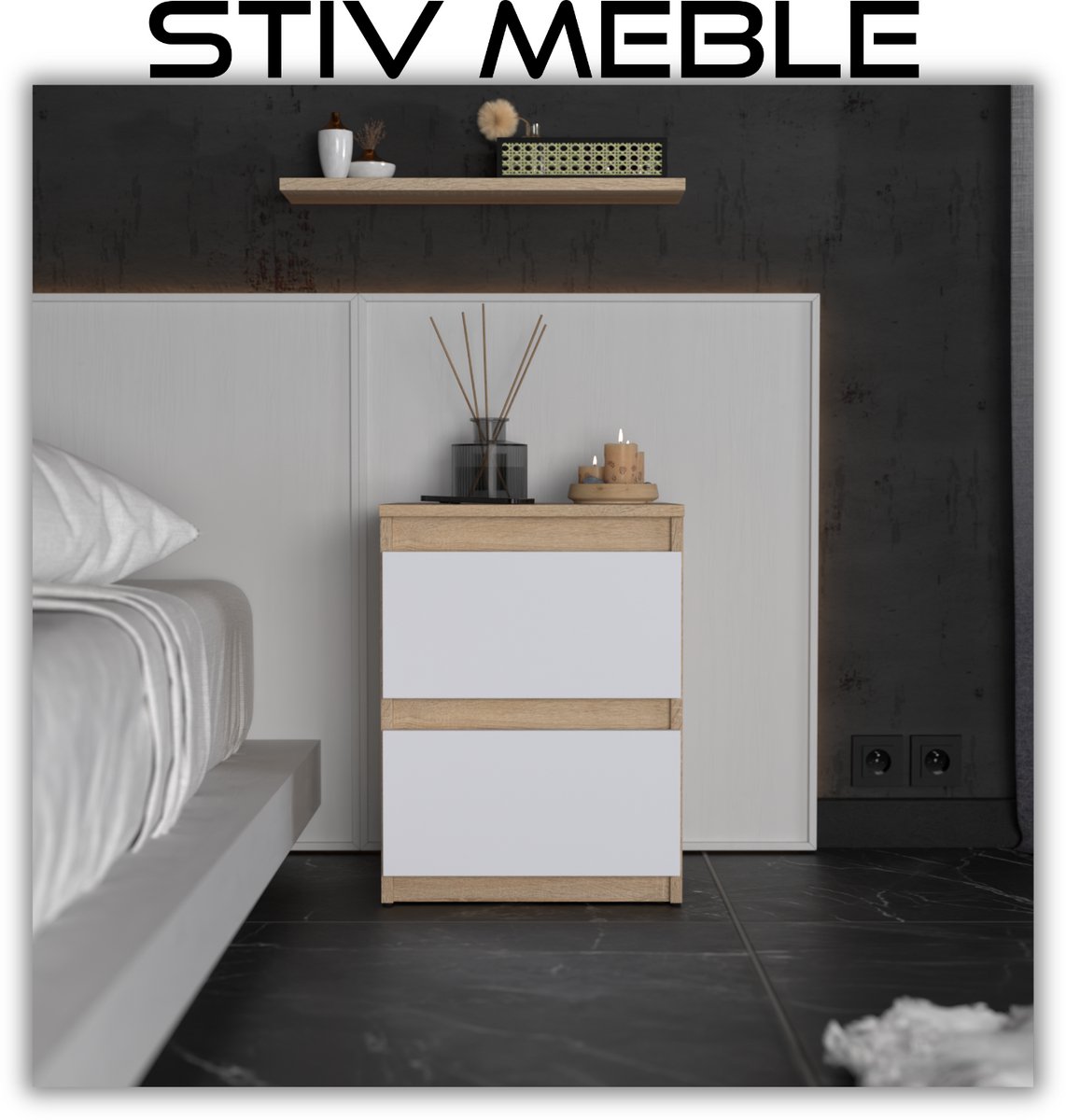 NACHTKASTJE SONOMA EIKEN WIT MAT 40 CM 2 LADEN NAKASTLIK NACHTKASTJE