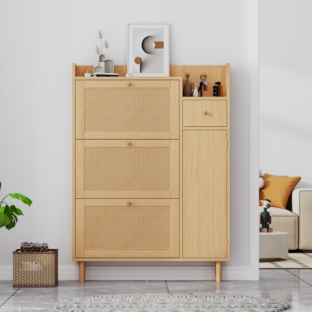 REDOM - Schoenenkast - 3 Klapdeuren En 1 Lade - Rotanlook - Voor Smalle Hal - MDF En Massief Hout - Naturel - 90 X 125 X 17 Cm
