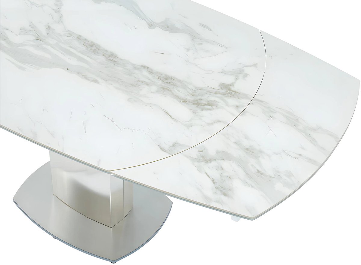 Uitschuifbare Eettafel 120–180 x 90 x 75 cm – Keramisch Marmerlook Tafelblad met Gehard Glas – 360° Draaibaar Vlindermechanisme – Moderne Design Eettafel voor 4-6 Personen – Wit – Abkantoor