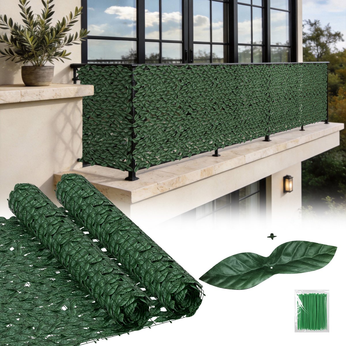 Froadp 100x600cm Kunstklimop privacyscherm, PE-bladeren kunnen worden bevestigd, privacyscherm voor balkon inclusief 1 set kabelbinders, groenblijvend, uitbreidbaar tuinscherm, weerbestendig privacyscherm met klimopbladeren
