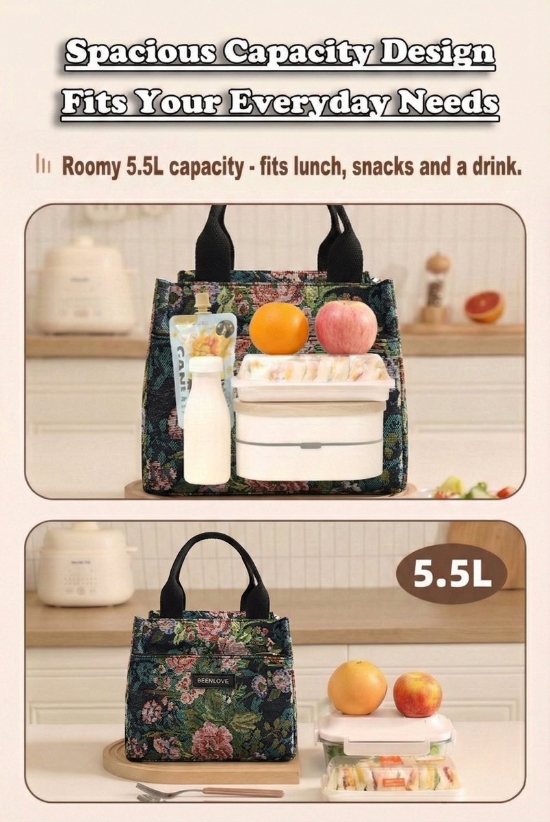 Rainbecom - Koeltassen Lunchtas 5,5L Geïsoleerd - Lunch tas Dames & Heren - 22x13.5x19.5 cm Lunchbag voor Werk & School - Koeltas Waterafstotend Polyester - Grote Opening met Rits - Zwart Vintage Rozen — cadeau in Cadeau-ideeën - foto 8