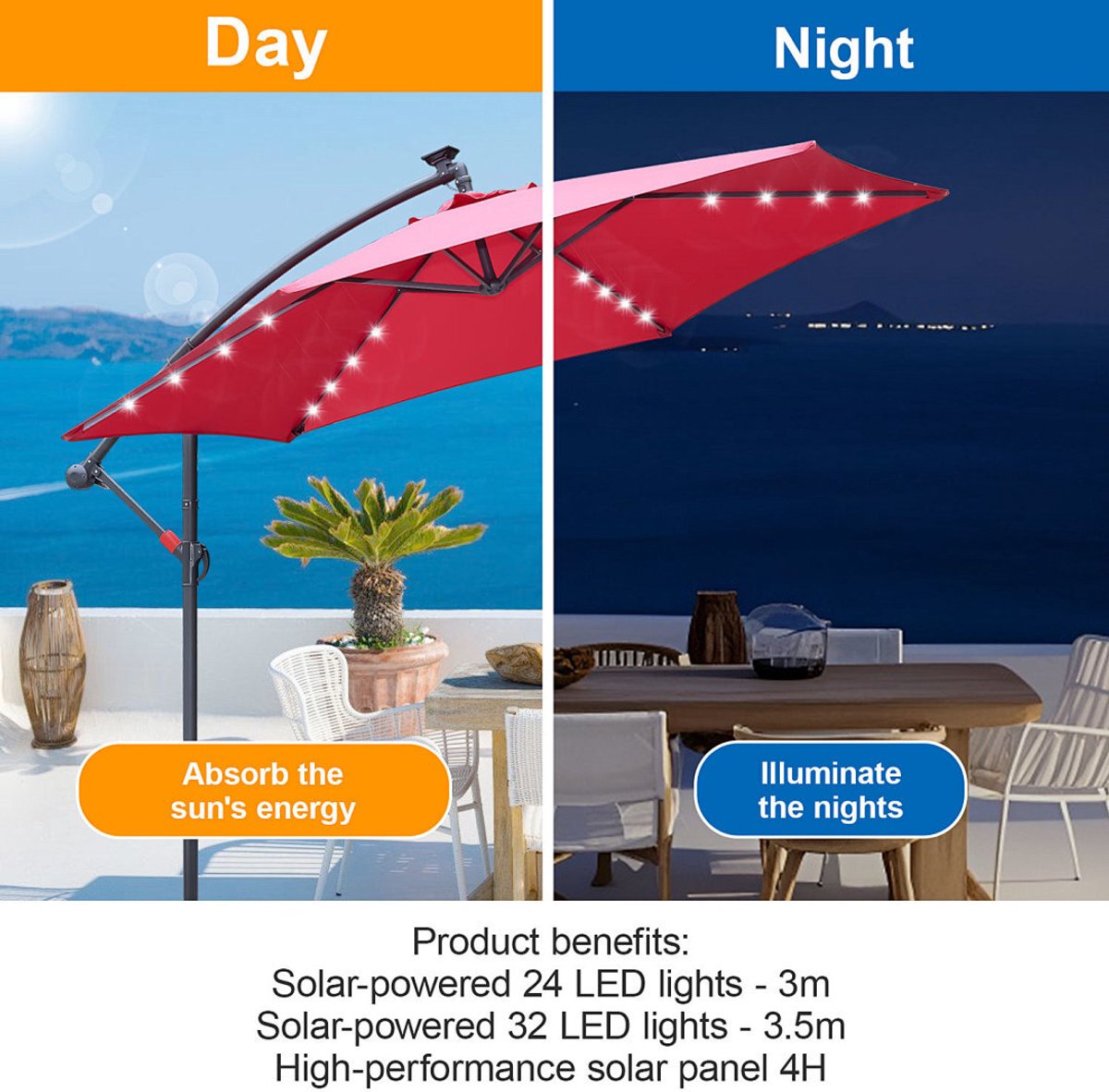 Zweefparasols - 350CM - Solar LED Verlichting 32x Wit - UV 50+ bescherming (blokkeert 98% UV) - Multi-angle Kantelbaar & Draaibaar - Windbestendig frame 8 Ribben - Incl. Kruisvoet - Waterafstotend doek Rood – foto 8