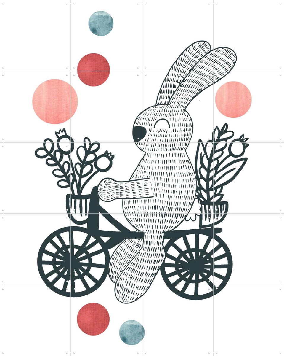 IXXI Happy Rabbit on a Bike, BAINAI - 80 x 100 cm - Gratis ophangtool - Grote wanddecoratie en posters - Fantasierijk, Grafisch Ontwerp, Illustraties