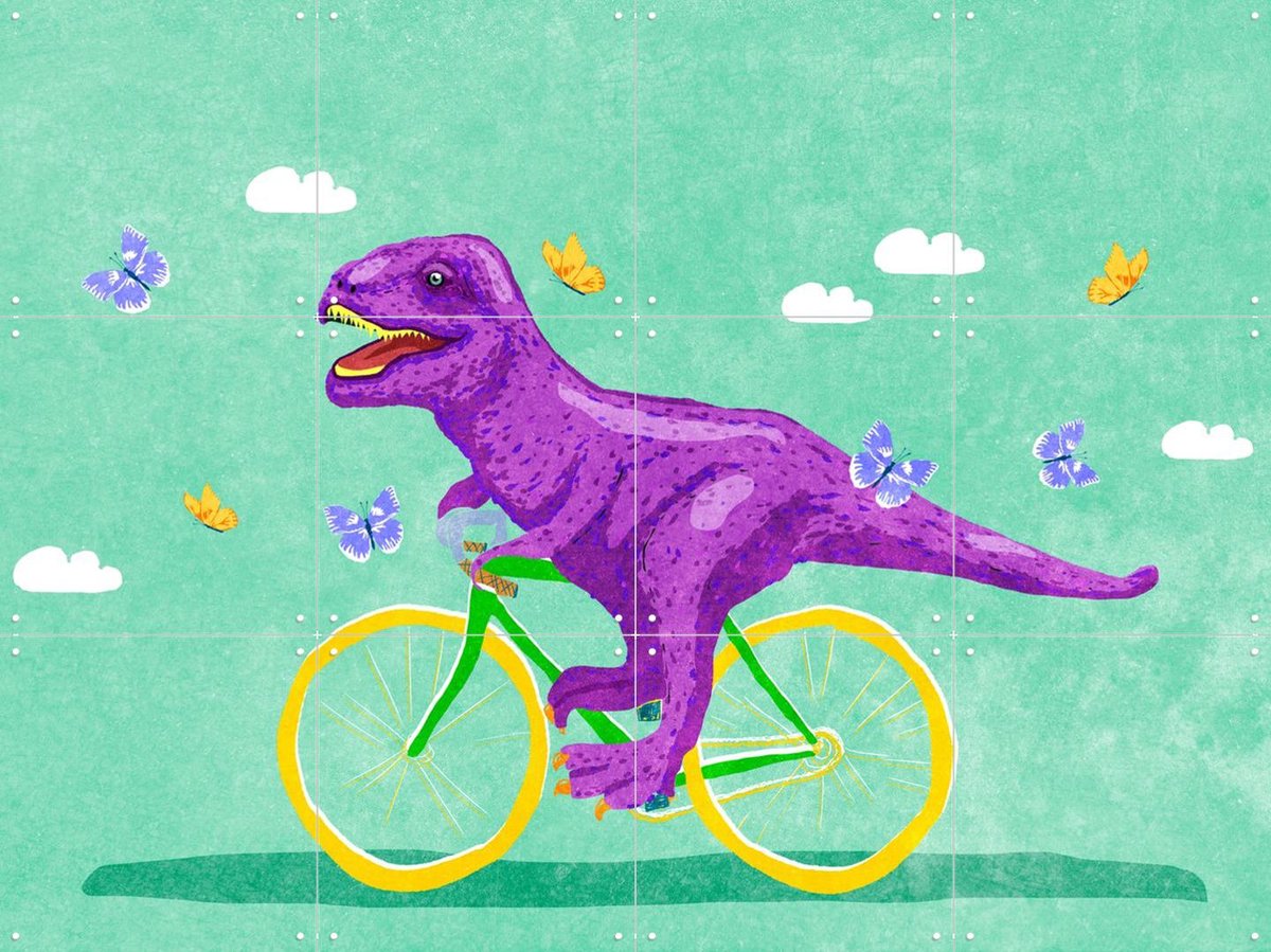 IXXI Dino Racer, Raissa Oltmanns - 80 x 60 cm - Gratis ophangtool - Grote wanddecoratie en posters - Cartoonesk, Digitale Kunst, Speels, Kleurrijk