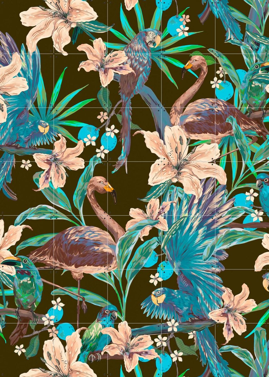 IXXI Jungle Birds and Flamingo Olive, Marylène Madou - 100 x 140 cm - Gratis ophangtool - Grote wanddecoratie en posters - Illustraties, Woonkamer
