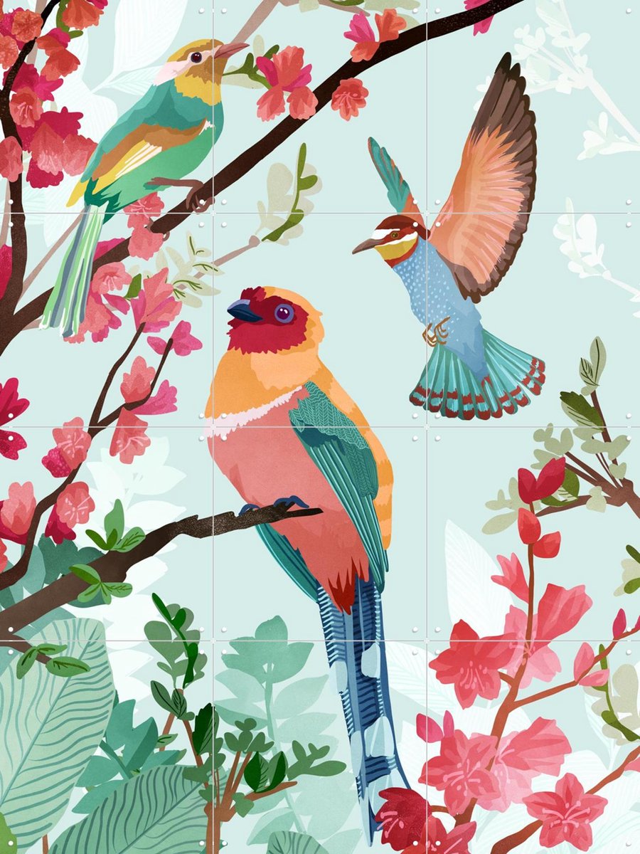 IXXI Birds of Summer, Goed Blauw - 60 x 80 cm - Gratis ophangtool - Grote wanddecoratie en posters - Kleurrijk, Speels, Digitale Kunst, Illustraties